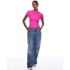 INLYRIC Women's Inbarely Short Sleeve Bodysuit Crew Neck Double Lined Casual Basic Summer Body suit Tops Bright Pink Medium