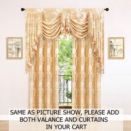 ELKCA Golden Jacquard Swag Waterfall Valance - Luxury Curtain Valance for Living Room & Bedroom (Floral, Golden, W59 Inch, 1 Panel)