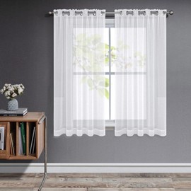 Joydeco Curtains with Eyelets, Transparent Set of 2, Look Curtain, Voile Eyelet Curtain, Eyelet Curtain, Transparent Curtain, Short Curtain for Bedroom, Living Room, Tab-Top Curtain (White, 2 x H 145