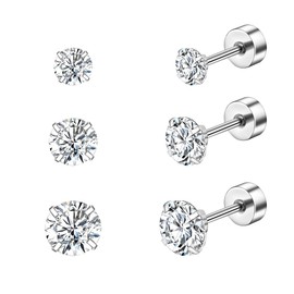 Candyfancy 3 Pairs 316L Surgical Stainless Steel Earrings Set,Size 3mm 4mm 5mm,AAA Cubic Zirconia Single Ears Stud, Simple, Transparent, Multiple Hole Earrings,Hypoallergenic