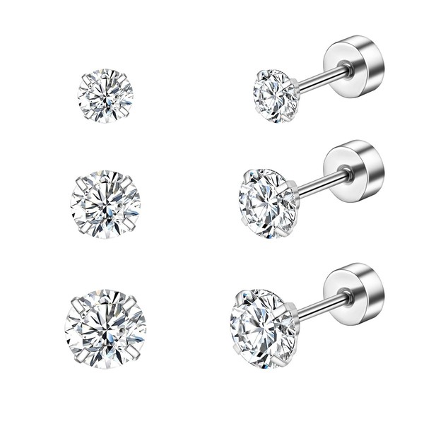 Candyfancy 3 Pairs 316L Surgical Stainless Steel Earrings Set,Size 3mm