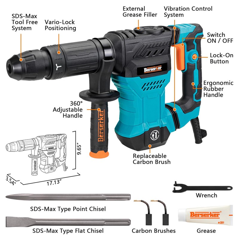 Berserker 1300W 12-Pound SDS-Max Demolition Jack Hammer, 1-9/16" 11-Amp Small