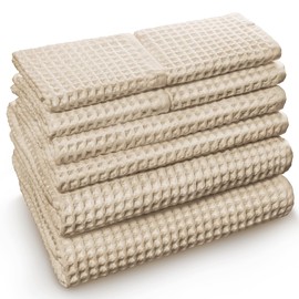 Softerry European Waffle Weave Bath Towel Set of 8-100% Organic Cotton - Quick Dry Lint Free Thin and Absorbent - Fade Resistant - Eco-Friendly (Natural)