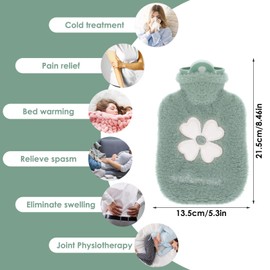 500ml Hot Water Bottle, 2-in-1 Small Hot Water Bottle with Cover Warm Water Bag with Soft Premium Faux Fur Cover Water Bag for Cold & Hot Compress Mini Hot-Water Bag for Women Men (Green)