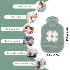 500ml Hot Water Bottle, 2-in-1 Small Hot Water Bottle with Cover Warm Water Bag with Soft Premium Faux Fur Cover Water Bag for Cold & Hot Compress Mini Hot-Water Bag for Women Men (Green)