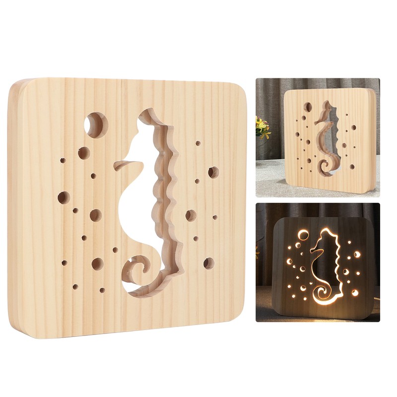 Wooden 3D LED Light Hollow Seahorse Pattern USB Power Supply