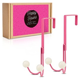 Happy Hooks Over The Door Hooks – Pink Metal Over Door Hanger Hooks with White Caps – Bathroom Hooks, Bedroom Hooks for Hanging Towels, Robes, Coats, Bags, Hats (2)