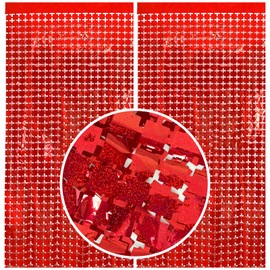 Square Tinsel Curtain Party Backdrop - 2pcs Glitter Foil Fringe Curtain Party Decor Red Photo Booth Backdrop Streamers for Halloween, Christmas, Birthday, Graduation, Wedding Party Decorations
