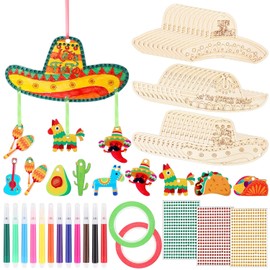 Amyhill 24 Sets Cinco De Mayo Crafts Mexican Wood Wind Chimes DIY Unfinished Sombrero Hat Diamond Craft Kit Wooden Hanging Ornament Make Your Own Windchime Coloring Decor for Party Decoration Supplies