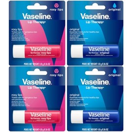 Vaseline Paquete de 4 variedades de terapia de labios, bálsamo labial hidratante original + labios rosados con vitamina E, 0.16 onzas Ea