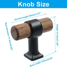 Piutouyar 4 Pack Walnut Cabinet Pulls, Single Hole Wood Drawer Handle Knobs, 40mm/1.57" T Bar Knob Pull Handles with Screws, Wooden Dresser Knobs for Kitchen, Cabinet, Drawer, Cupboard