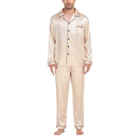 SWOMOG Men's Pajama Set Silk Satin Pajamas Classic Button-Down Sleepwear Soft Long Sleeve Loungewear Set Champagne