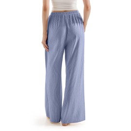 SUUKSESS Women Wide Leg Flowy Linen Pant with Pockets High Waisted Casual Lounge Palazzo Pant (Striped Blue, M)