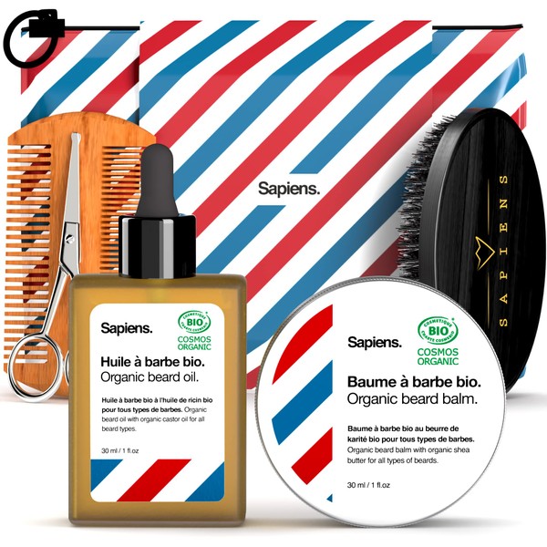 Bartpflege Set für Männer Sapiens BarberShop - Made in EU - Bio Bartöl und Bio Bart Balsam Cosmos Organic Zertifiziert - Bartkamm und Bartbürste, Bartschere, Reisebeutel - Beard Care Kit