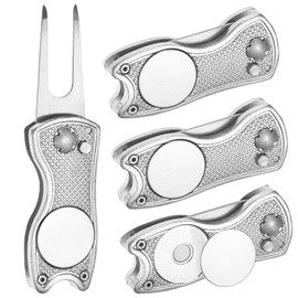 TIXIPEM Golf Divot Repair Tool [4PCS] - Switch Foldable Divot Tool Rack with Magnetic Ball Marker & Open Button Use for Golf Accessories & Gifts - [Silver] Green Fork Tines