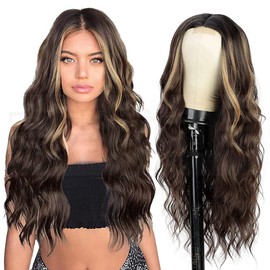 Hand-Woven Lace Wig Long Wavy Wig For Women, Dark Brown With Blonde Highlights, Natural Wave Style