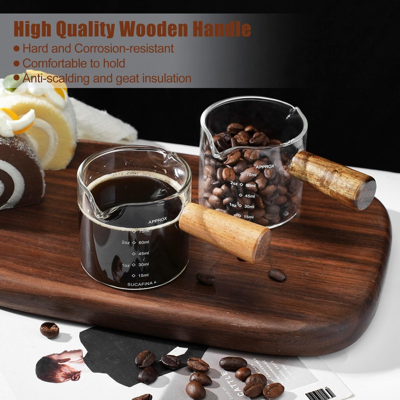 2 Pack Espresso Cups with Wood Handle, 75ML Double Spout