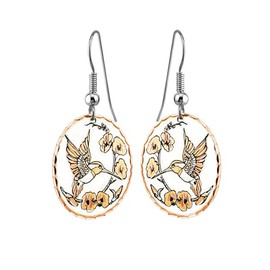 FRONT LINE JEWELRY Artisan-crafted Women's Copper Oval-Shaped NW Hummingbird Earrings Featuring a Trumpet Flower and Earth-Tone Hummingbird Jewelry.