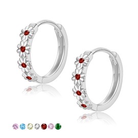 JEWAB Silver Earrings for Women Girls - Sterling Silver Flower Earrings, 12mm Beautiful Flower Earrings with Red Cubic Zirconia Huggie Hoop Earrings | Hypoallergenic Sleeper Earrings Jewellery