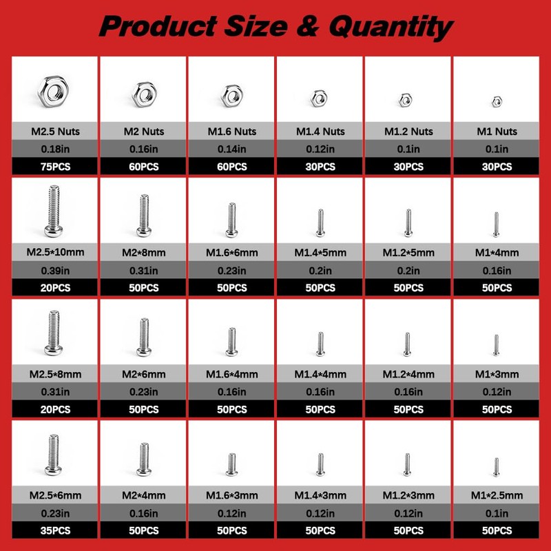 304 Stainless Steel Tiny＆ Small Screws, Metric Micro Screw Nuts