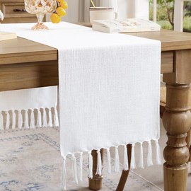 Aoztio Linen Style Rustic Table Runner, Farmhouse Cotton Linen Table Runner, Boho Table Runners 108 Inches Long with Hand Tassels for Home Tabletop Decor and Everyday Use - White, 108 Inch