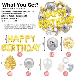 Birthday Party Decorations, 64pcs Silver Gold Balloons with 3D FoilHappy Birthday Banner, Gold Leaves and Confetti Metallic Balloons for Kids Boys Men Women Adults Ecofriendly Party Supplies