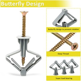 Plasterboard Fixings, 60 Pcs Wall Plugs, Universal Plasterboard Rawl Plugs with Screws, Drywall Cavity Wall Fixings, Heavy Duty Anti-Rotational Expansion Tube Plasterboard Screws (36x13mm)