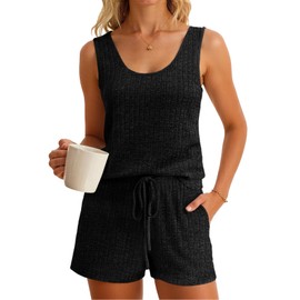 Imily Bela Womens Pajama Sets 2 Piece Sleeveless Summer Pjs Ribbed Knit Tank Top and Shorts Cute Lounge Sleepwear Black