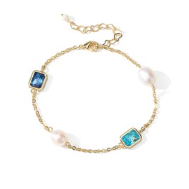 XYJZXY Gold Tiny Pearl Bracelet 18K Gold Plated Pearl Bracelet for Women Cubic Zirconia Adjustable Bracelet Dainty Gold Bracelet (Blue)