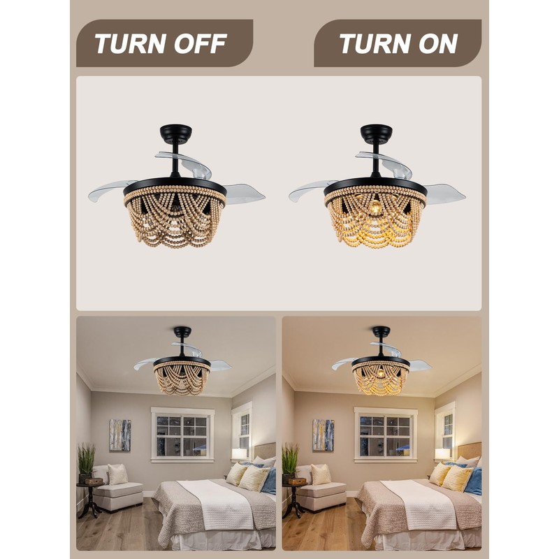 Boho Ceiling Fan with Light, Modern Ceiling Fan with 6