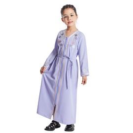 IDOPIP Kids Girls Muslim Abaya Dress with Belt Long Sleeve V-Neck Zipper Islamic Kaftan Maxi Dress Full Length Cover Thobe Middle East Dubai Robe Gown Modest Clothes Purple (No Hooded) 12-13 Years