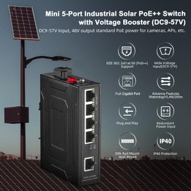 Binardat Industrial 5 Port Gigabit Solar PoE Switch,Input DC 9V-57V to DC 48V Voltage Booster, IEEE802.3af/at/BT PoE, DIN Rail Wallmount Unmanaged Fanless IP40 Switch