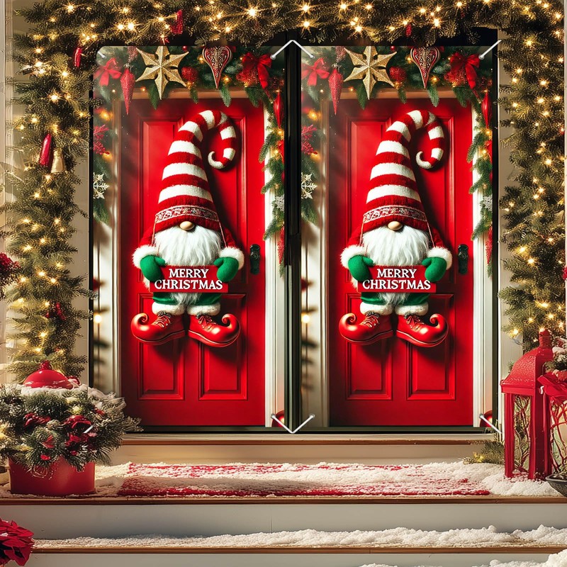 Christmas Door Cover Gnome Stripes 35x71 Inch Polyester