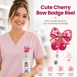 Badge Reel Cute Retractable ID Card Holders with Clip, Pink Bow Badge Holder for Nurses, Doctor, Teachers, Nursing Student, 360° Rotating Design, 60CM Extension Cord (Cherry Bow)
