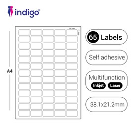 indigo® Multipurpose White A4 Sticker Labels-Inkjet, Laser, Copier-Versatile Sticker Labels for FBA, UPC, Packaging, Sold, Barcodes-Waterproof and Durable, 25 Sheets-65 Label Per Sheet(38.1 x 21.2mm)