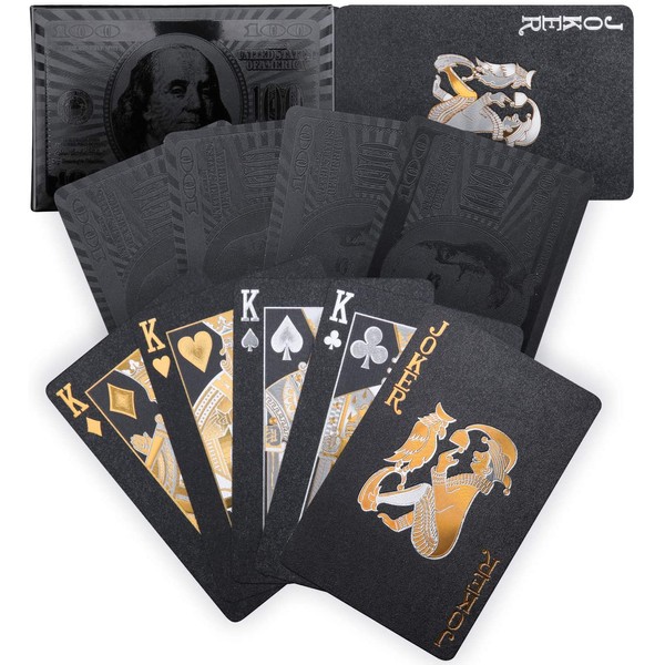 Joyoldelf Cool Black Playing Cards, Waterproof Poker with Dollar Pattern, Black-Gold Foil Cards with Box, Great for Magic & Party
