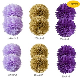 Graduation Decorations 2022 12pcs Tissue Paper Flowers Purple Gold Birthday Decorations Women Purple Gold Bridal Shower Decorations Glitter Gold Purple Wedding Decor Bridal Shower Decorations