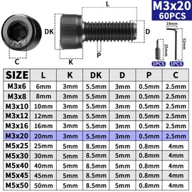 TXXATX Pack of 60 Cylinder Screws M3 x 20 mm Screws Black Hexagon Socket DIN 912 Cylinder Head Screws Carbon Steel Hex Screws Full Thread Allen Screws for Furniture Repair Machines