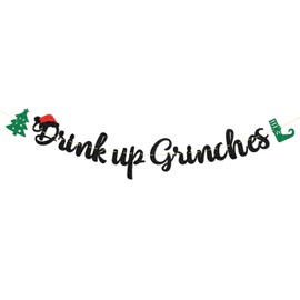 Christmas Sign Drink Up Grinches Banner, Black Glitter Merry Christmas Party Holiday Party Decorations Home Decor