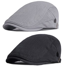 2 Pack Men's Adjustable Newsboy Hat Flat Cap Cotton Ivy Gatsby Cabbie Driving Hat Beret