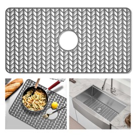 GUUKIN Sink Protectors for Kitchen Mat - 29.7“x15.5” Silicone Kitchen Sink Mat Grid for Bottom of Farmhouse Stainless Steel Porcelain with Center Drain（Grey）