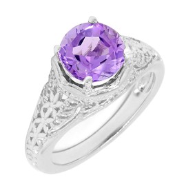Filigree Sterling Silver Round Cut Natural Purple Amethyst Statement Ring (1.8 C.T.T.W)