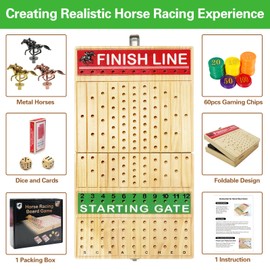 FUNNYB&G 21 inches Horse Race Board Game Foldable Large Horse Racing Game for Adults with 11 Metal Horses, Solid Wood 60 Pcs Poker Chips 2 Dice 1 Pack of Cards for Family Tabletop Parties(Log)