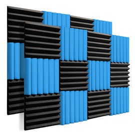 24 Pack 2"x12"x12" Soundproofing Acoustic Foam Fireproof Studio Sound Absorption Pyramid Treatment High Density Wall Padding Foam Wedge Tiles Sound Blocking/Absorbing/Noise Dampening Foam (Black&blue)