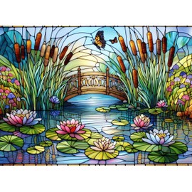 Waterlilies Bridge Stained Glass Flower Jigsaw Puzzle for Seniors Adults Kids Men Women 48 pc