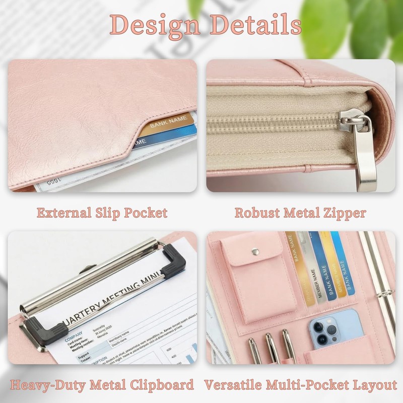 Zippered Padfolio with 3-Ring Binder & Clipboard, PU Leather Portfolio