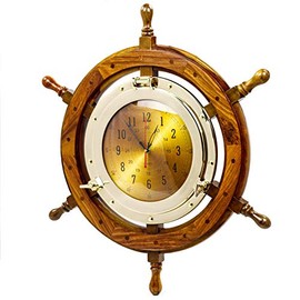 Nagina International 24" Exclusive Pirate's Nautical Ship's Steering Wheel Styled Porthole Clock | Lavish Wall Decor Gifts & Collectible (12" Clock)