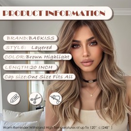 Long Layered Brown Wigs with Bangs Long Wavy Wigs with Blonde Highlights 20 Inch Curtain Bangs Wigs for White Women Light Brown Synthetic Wig Hair Replacement Wig for Women Daily Party Cosplay Use