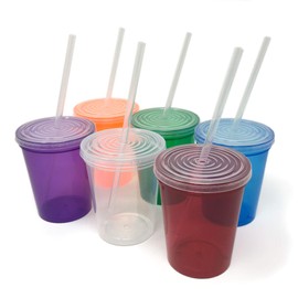Rolling Sands 16 Oz. Reusable Plastic Stadium Cups with Lids, 6 Pack, USA Made Tumblers and Lids, Includes 6 Reusable Straws; Dishwasher Safe, Translucent Assorted