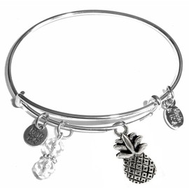 Hidden Hollow Beads Women's Stainless Steel Message Charm Expandable Wire Bangle Bracelet, Popular Stacking Bracelets, Arrives in a Gift Bag. (Dragonfly) (Pineapple)